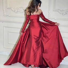 Women Dark Red Mermaid Evening Formal Dress 2024 Strapless Satin Long Sleeve Prom Party Gowns Robe De Soiree Vestidos De Longo