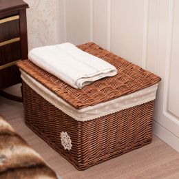 Baskets Wicker Storage Basket with Lid Handwoven Rattan Organizer Container for Makeup Clothes Home Items Bedroom Bathroom Laundry Room