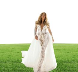 Deep V Neck Lace Jumpsuit 2021 See Through Wedding Dresses with Detachable Train Long Sleeve Bridal Gowns vestido de novia2528093