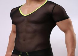 Men039s Sexy Short Sleeve Mesh See Through Gyms Gay Tank Tops Stage Performance Wear Fitness Transparent Undershirts Body Shape1982296