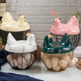 Baskets Cute Henshaped Egg Storage Basket Metal Wrought Iron Egg Basket with Lid Kitchen Food Debris Storage Container Home Decoration