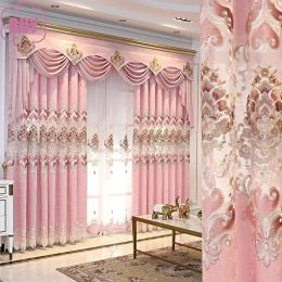 Curtains European Style Curtains for Living Dining Room Bedroom Chenille Fabric Embroidery Pink Curtains Valance Curtains Tulle Window