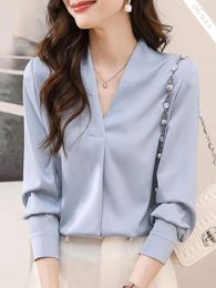 Women's Blouses Oiinaa Shirts For Women Tops Simple Casual Basic Blue Elegant Blouse Comfortable Long Sleeve Ladies Korean Fashion