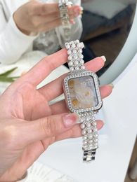 For Watch Bands 49mm 45mm 41mm 40mm 44mm Women Pearl Metal Strap Diamond Protective Case for iWatch Ultra 8 7 6 5 4 3 SE 240311