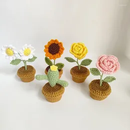 Decorative Flowers Hand-woven Finished Crochet Plant Potted Knitting Rose Sunflower Tulip Auto Interior Accessories Car Decor Ornament Gift