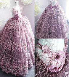 Purple Flower Girl Dresses For Weddings 3D Floral Appliqued Cute Little Girls Pageant Dress Feather First Holy Communion Dresses3305557