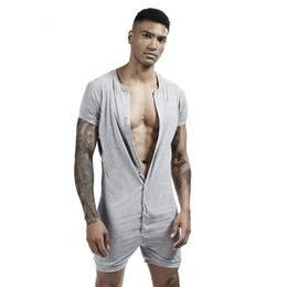 Mens Siamese Pyjamas Onesies Home Clothes Super-elastic Comfortable Snap Button Jumpsuit Men Sleepwear Solid Colour T-Shirts 240314