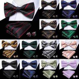 Bow Ties Hi-Tie Striped Black Red Green Silk Mens Tie Hanky Cufflinks Set Pre-tied Butterfly Knot Bowtie For Male Wedding Business