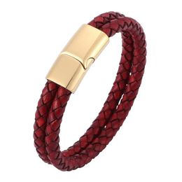 Charm Bracelets Double Layer Retro Red Braided Leather Bracelet Men Stainless Steel Magnetic Clasp Bangles Fashion Jewellery Male Wr298n