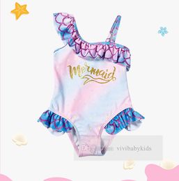 Girls mermaid one-piece swimsuit kids gold letter printed falbala suspender Beach pool bathing suits child SPA swimming Z7183