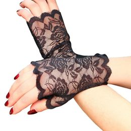 Fashion Women Lace Floral Long Fingerless Gloves Half Finger Fishnet Gloves Mitten Hollow Solid Summer Sunscreen Black 2020 New261D