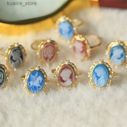 Cluster Rings S925 Silver 18k Gold-plated Colorful Agate Relief Ring For Women Girls Vintage Beauty Girl Ring Fashion Jewelry Gift L240315