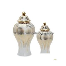 Vases Ceramic Ginger Jar Golden Stripes Decorative General Vase Porcelain Storage Tank With Lid Handicraft Home Decoration Drop Deli Dhawd