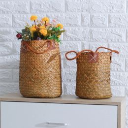Baskets 1/2 Pcs Natural Seagrass Woven Flower Basket Pot Vase Laundry Baskets Home Storage Baskets Organiser With Handle Decoration