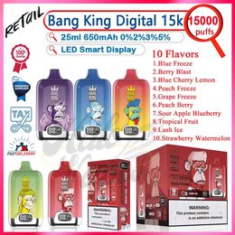 Retail Bang King Digital 15000 Puff Disposable E Cigarette Vape Pen 0% 2% 3% 5% Strength 25ml Pod Vaper 650mAh Smart Display Puffs 15k Vapes