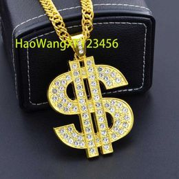 European Hip Hop Jewellery 18k Gold Plated Cuban Chain Necklace Silver Plating Rhinestone Dollar Sign Pendant Necklaces