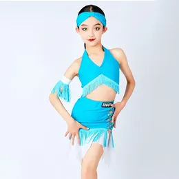 Stage Wear Blue Fringed Latin Top Skirt Dance Competition Costumes For Girls Performance Clothing SL9692