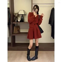 Two Piece Dress Elegant Red Knitted Women's Suit Jacket Autumn And Winter 2024 Arrival Bow Sweater A- Line Skirt Age-reducing Two-piece Set