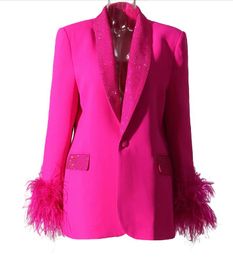 HIGH STREET Newest Elegant Designer Jacket Women's Natural Feathers Embellished Diamonds Single Button Beaded Blazer