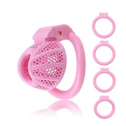 Male Chastity Device Cock Cage Miyoti Upgraded Super Small Lightweight Pink Metal Chastity Cage with 4 Different Sizes Removable Plastic Rings Sex Toys for Sissy