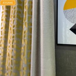 Curtains Golden Geometric Square Pattern Simulation Lustre Jacquard Blackout Curtains for Living Room Bedroom Finished Product