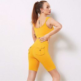 Lu Align Lemon Sets Women 2PCS with Yoga Pocket Push Up Running Bra Sexy Butt Lift Sports Shorts Workout Tracksuit Gym Cycling Clothing Jo