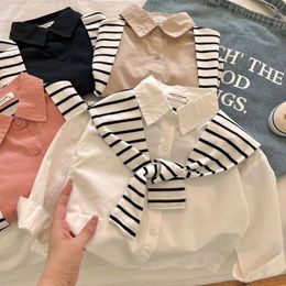 Childrens Shirt 2023 Spring and Autumn Fake Two Piece Solid Colour Shawl for Boys Girls Baby Polo Top 240307
