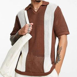 Men's Polos Crochet Wide Stripe Polo In Brown Thin Hollow Colour Block Knitted Sweater Casual Pullover Shirt