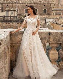 Kleid Vintage Hochzeit U-Ausschnitt Spitze Ärmel Braut Kleider Tüll Applikationen Sweeptrain Boho Vestidos De Novia