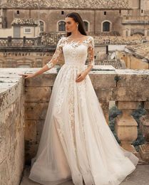 Vestito vintage per matrimoni a pallo maniche in pizzo abiti da sposa appliques tulle sweeptrain boho vestidos de nolia