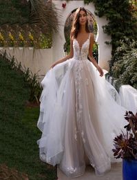 Long Boho ALine Backless Wedding Dress 3D Flowers Spaghetti Straps Bride Dresses Floor Length Princess Gowns9716412