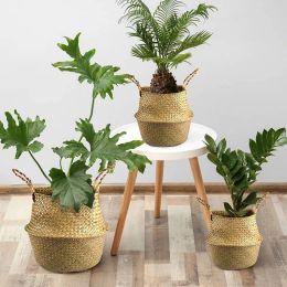 Baskets Woven Bamboo Storage Basket Folding Clothes Laundry Basket Straw Wicker Rattan Seagrass Belly Garden Flower Pot Plant Basket