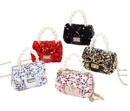 INS party handbags girls sequins pearls handbag children metals chain single shoulder bag kids messenger bags Q3710