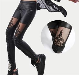 High Quality whole Punk Black faux leather gothic lace Legging women bandage lace up leggings cheap pants trousers LJ200924560444