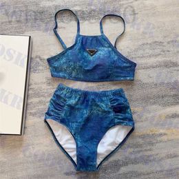 Women's Swimwear designer Trendy Blue Bikini Triangle Emblem For Women Summer New High Waist Swimsuit Suit DRP2