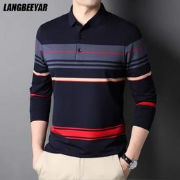 Top Grade Fashion Designer Brand Simple Mens Polo Shirt Trendy With Long Sleave Stripped Casual Tops Men Clothes 240309