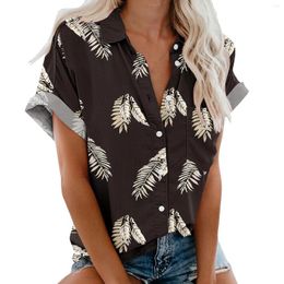 Women's T Shirts Womens Fashion Floral Feather Printing Short Sleeve Pocket Button Tee Casual Blouse Tops