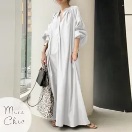 Casual Dresses Temperament Commuting White Cotton Linen Dress Oversize Elegant Solid Shirt Women Maxi Vestidos Female Lantern Sleeve Robe