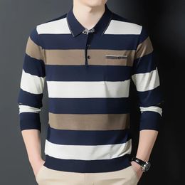 Autumn Winter Polo Mens Clothing Loose Striped Long Sleeve Tees Turn-down Collar Shirt Business Casual Fashion Pockets Tops 240301