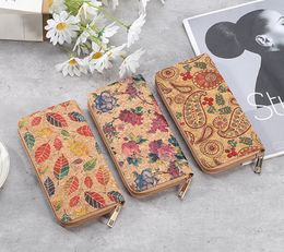 DHL50pcs Cell Phone Pouches Cork Leather Floral Leaf Printing Multifunctional Phone Long Credit Card Holder Mix Color
