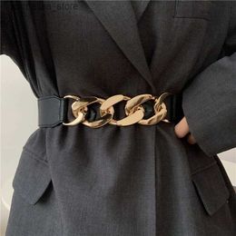 Belts Gold chain belt elastic silver metal waist belts for women ceinture femme stretch cummerbunds ladies coat ketting riem waistbandY240315