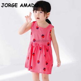 Girl's Dresses Korean Style New Summer Kids Sleeveless Girls Dress Printed Cotton Morning Tank Strawberry Print Casual Dresses H8011 240315