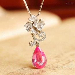 Chains Trendy Charming Pink Zircon Chain Necklace For Women Shiny Flower Crystal Pendant Vintage Party Wedding Jewellery Gift