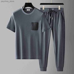 Men's Tracksuits Summer High end Ice two-piece high elastic smooth pleated resistance jacquard mens slim fit short sleeved sports and leisure set Q240314