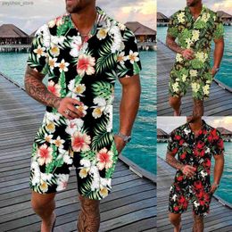 Men's Tracksuits Mens Spring/Summer Leisure Sports Hawaiian Beach Style Spliced Stripe Printed Short sleeved Shirt and Pants Two piece Set Coat Q240314