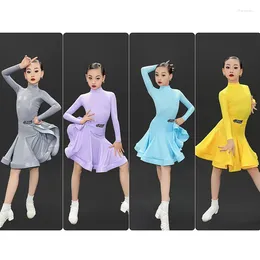 Stage Wear Kids Latin Dance CLothes Girls Competition Dress Long Sleeves High Collar Suit Cha Ballroom Training Clothing DNV19260