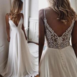 Chiffon v Hals Eine Linie Boho Beach Brautkleider Perlen Applique formelle Brautkleider Custom Braut Kleid Vestidos de Novia pplique estidos