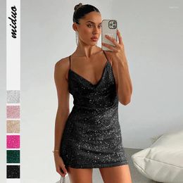 Casual Dresses Sexy Gold Sequined Mini Dress Women Sleeveless Low Cut Metal Slim Suspender Vestidos Spicy Girls Fashion Nightclub Party