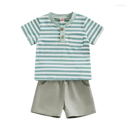 Clothing Sets Honganda Infant Baby Boy Summer Outfit Set Short Sleeve Striped T-shirt Tops Solid Colour Shorts 2Pcs Clothes