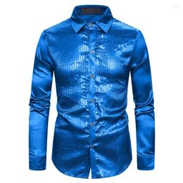 Men's Casual Shirts Men Sequin Shirt Colourful Stripe Lapel Dance Slim Fit Long Sleeve Performance Top For Club Events Glossy
